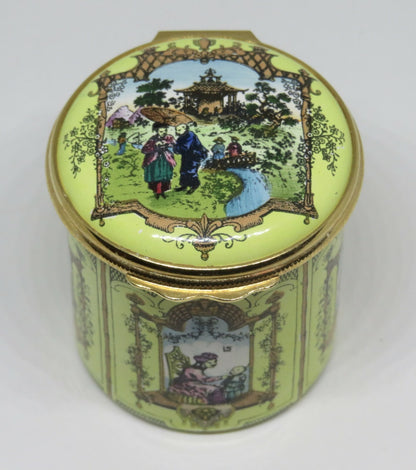 HALCYON DAYS ENAMEL BOX- ASIAN SCENES - CHINOISERIE -TREES- PAGODA -BIRD- PEOPLE