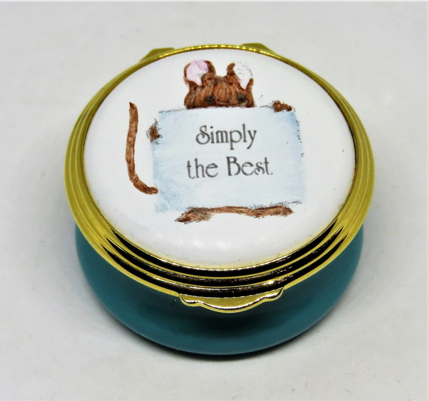 ASHLEY ENGLISH ENAMEL BOX - MOUSE & "SIMPLY THE BEST" SIGN - MIB