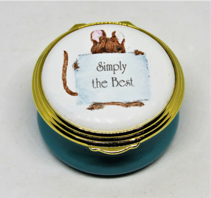 ASHLEY ENGLISH ENAMEL BOX - MOUSE & "SIMPLY THE BEST" SIGN - MIB