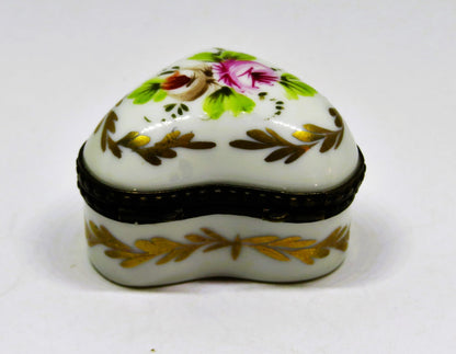 LIMOGES FRANCE BOX~ VINTAGE SMALL PUFFY HEART ~ PINK ROSES & FLOWERS & LAUREL