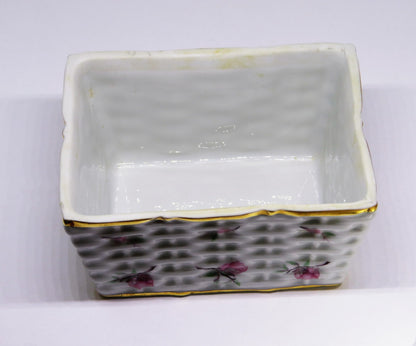 LIMOGES FRANCE TWO PIECE BOX ~ 'WOVEN WICKER' WITH PINK FLOWERS & BUDS