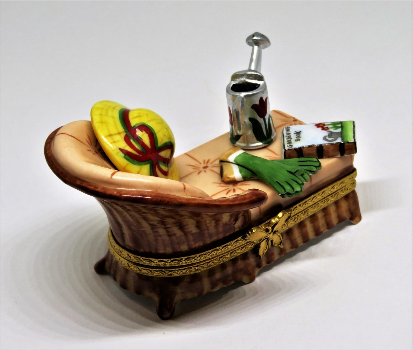 LIMOGES BOX - GARDEN CHAIR - HAT & RUBBER GLOVES & WATERING CAN & GARDENING BOOK