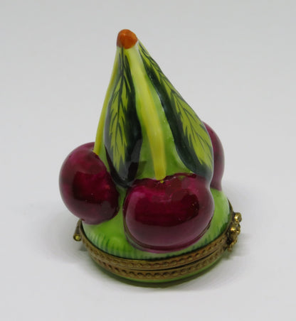 LIMOGES FRANCE BOX - RIPE RED CHERRIES ON A STEM & LEAVES - CHERRY - FRUITS