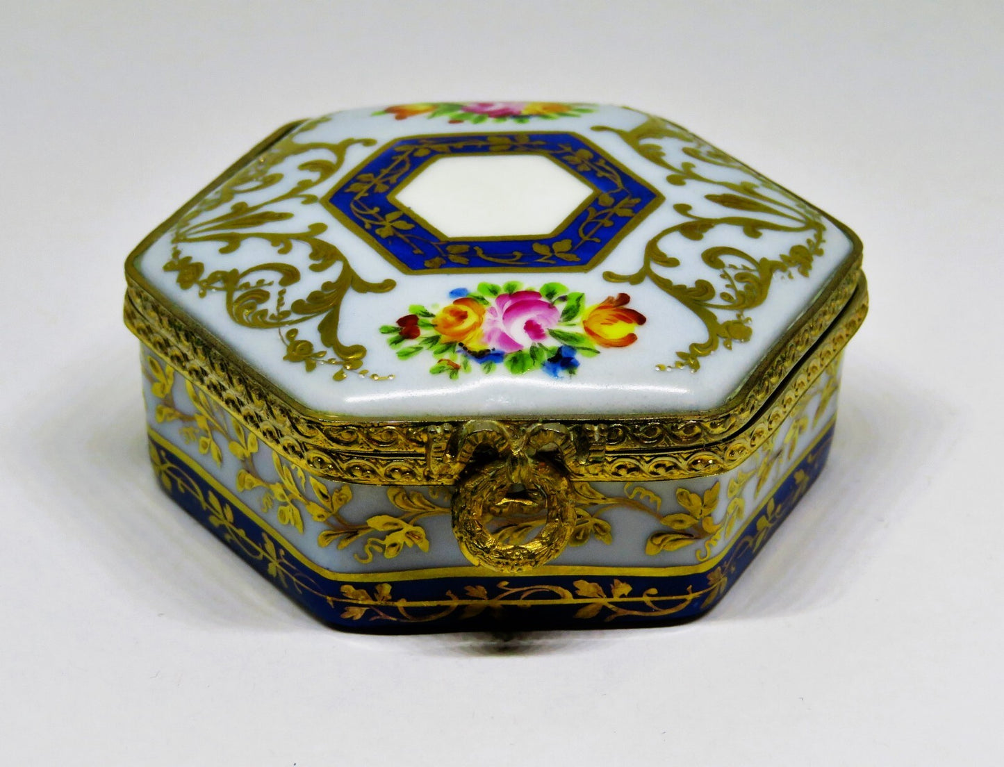 LIMOGES FRANCE HEXAGON BOX - LE TALLEC - FLOWERS & GOLD VINES - ROSES - 1960