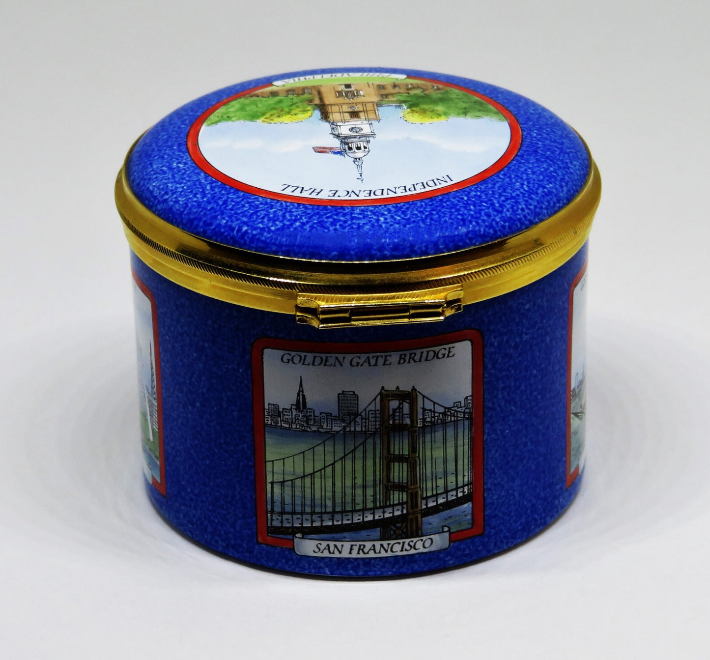STAFFORDSHIRE ENGLISH ENAMEL BOX - U. S. LANDMARKS - STATUE OF LIBERTY - CAPITOL