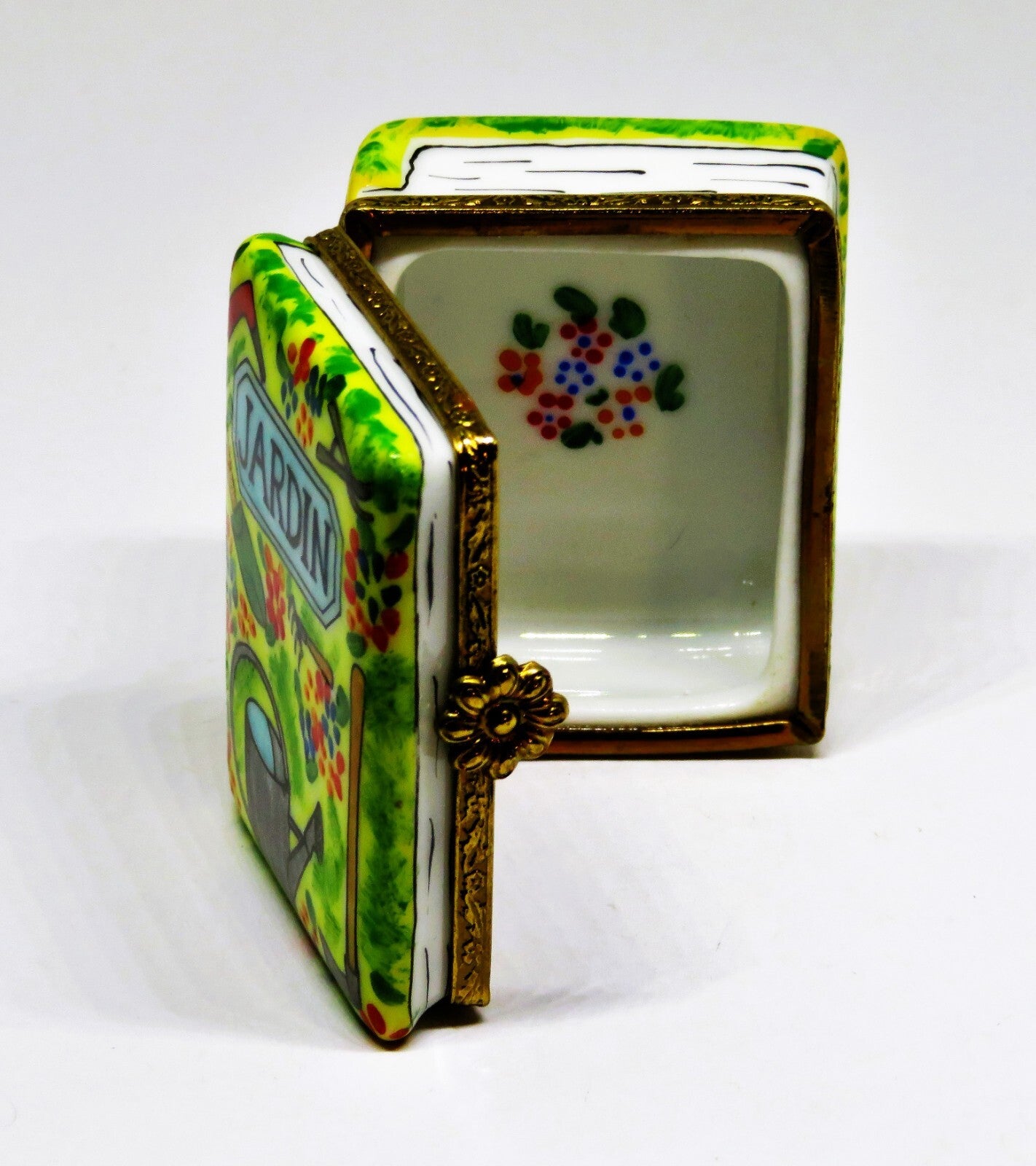 LIMOGES FRANCE BOX -LIMOGES IMPORTS- GARDENING BOOK & TOOLS - FLOWERS - "JARDIN"
