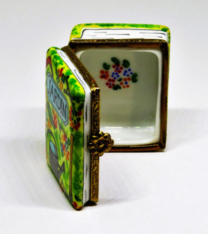 LIMOGES FRANCE BOX -LIMOGES IMPORTS- GARDENING BOOK & TOOLS - FLOWERS - "JARDIN"
