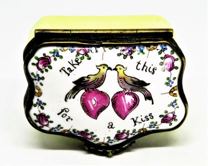 ANTIQUE ENAMEL BOX - 18TH TO 19TH CENTURY - BIRDS KISSING & PINK HEARTS