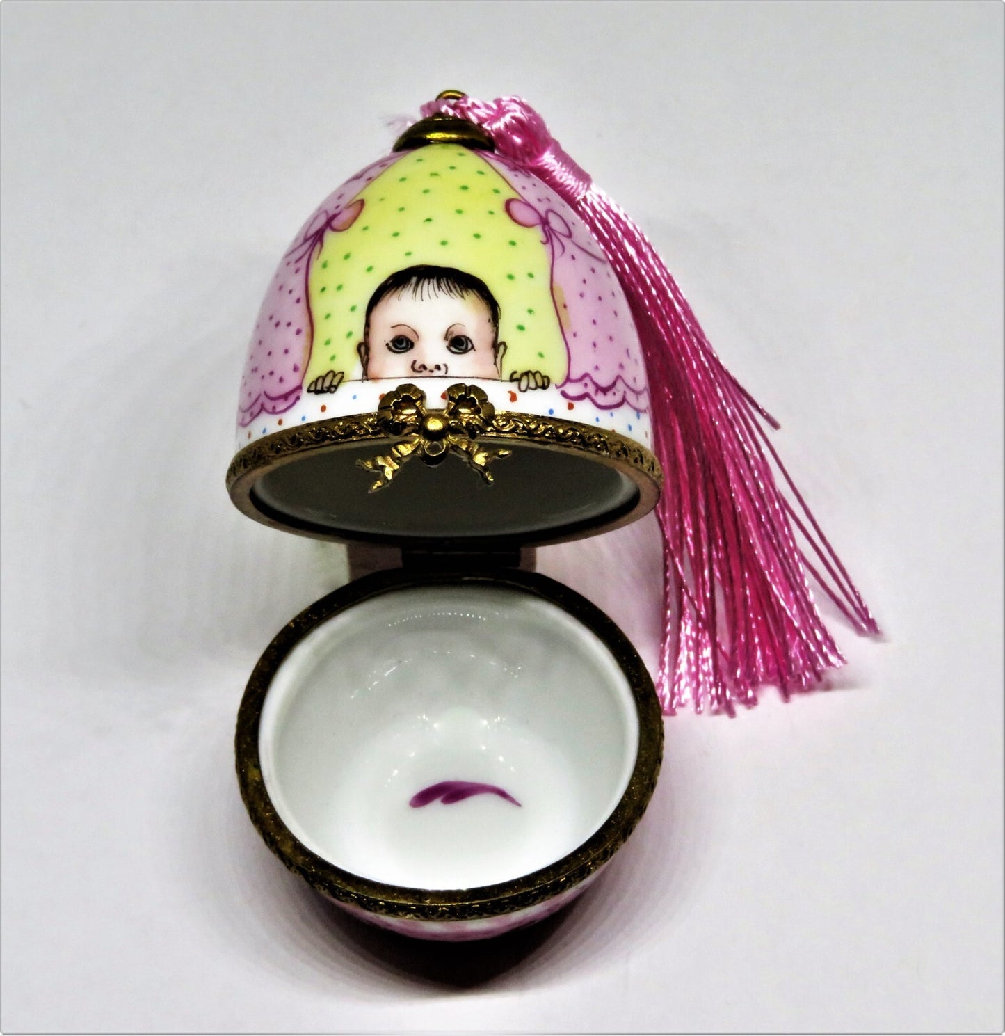 LIMOGES FRANCE BOX - VINTAGE EGG - BABY IN A CARRIAGE -PINK TASSEL  & BOWS- GIRL