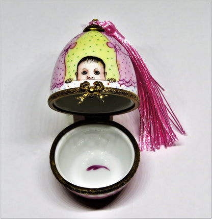 LIMOGES FRANCE BOX - VINTAGE EGG - BABY IN A CARRIAGE -PINK TASSEL  & BOWS- GIRL