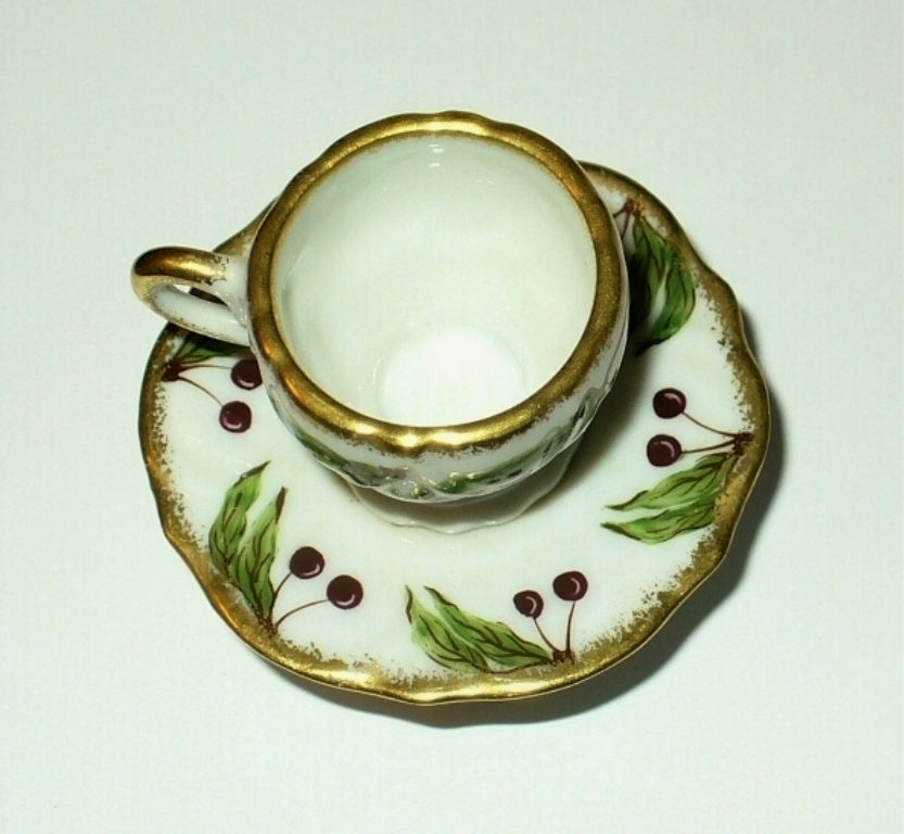 LIMOGES FRANCE BOX ~ PV ~ CHERRY DESIGN TEA CUP & SAUCER ~ FRUITS ~ PEINT MAIN