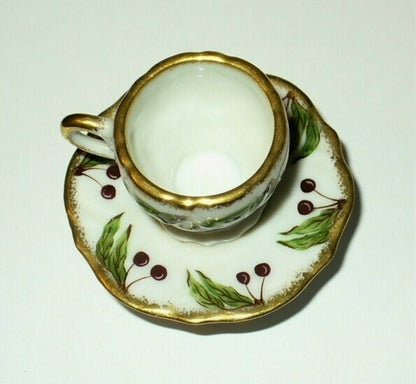 LIMOGES FRANCE BOX ~ PV ~ CHERRY DESIGN TEA CUP & SAUCER ~ FRUITS ~ PEINT MAIN