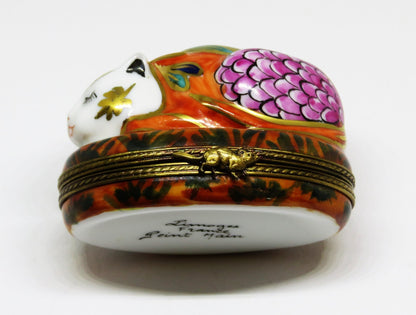 LIMOGES FRANCE BOX - SLEEPING ASIAN CAT -FLORAL CROUCHING KITTY- FLOWERS - MOUSE