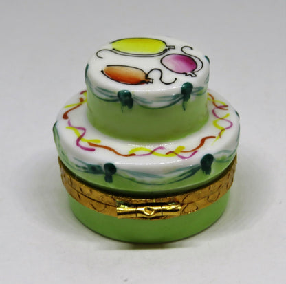 LIMOGES FRANCE BOX ~ MINT GREEN BIRTHDAY CAKE & BALLOONS ~ PEINT MAIN