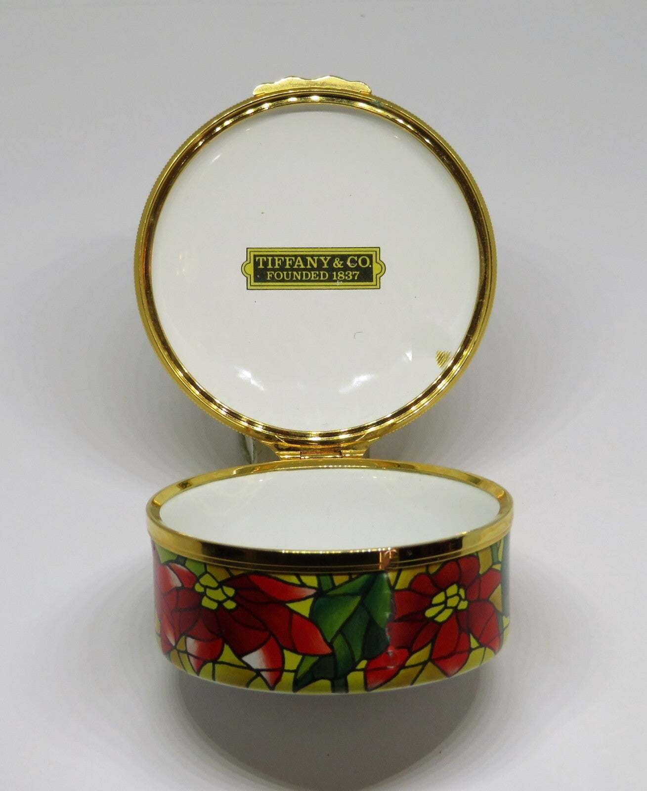 HALCYON DAYS ENAMEL BOX - TIFFANY & CO. - CHRISTMAS - STAINED GLASS POINSETTIAS