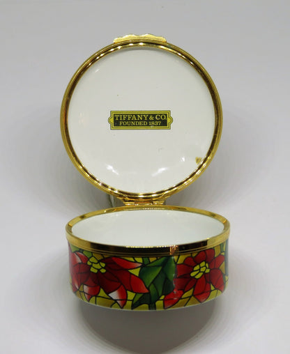 HALCYON DAYS ENAMEL BOX - TIFFANY & CO. - CHRISTMAS - STAINED GLASS POINSETTIAS