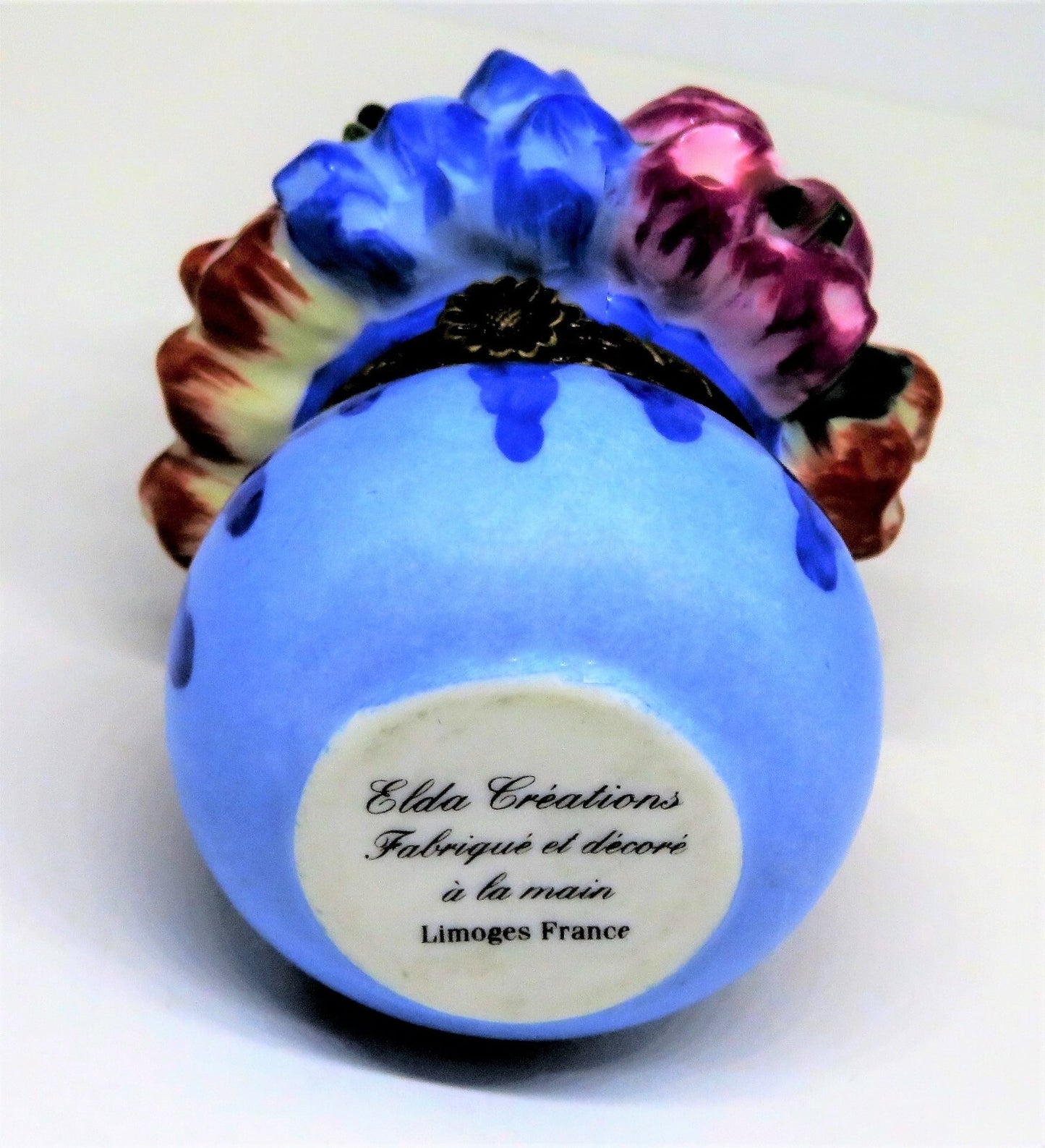 LIMOGES FRANCE BOX - ELDA - BLUE VASE & FLOWERS - BLUE, ORANGE & PINK TULIPS