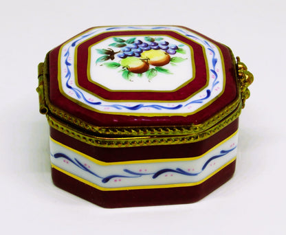 LIMOGES FRANCE BOX ~ BURGUNDY & WHITE OCTAGON - FRUITS - APPLES & GRAPES