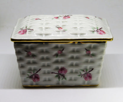 LIMOGES FRANCE TWO PIECE BOX ~ 'WOVEN WICKER' WITH PINK FLOWERS & BUDS