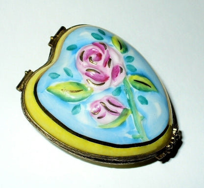 LIMOGES FRANCE BOX ~ FLORAL HEART ~ 3D FLOWERS ~ PINK ROSES ~ ANNIVERSARY