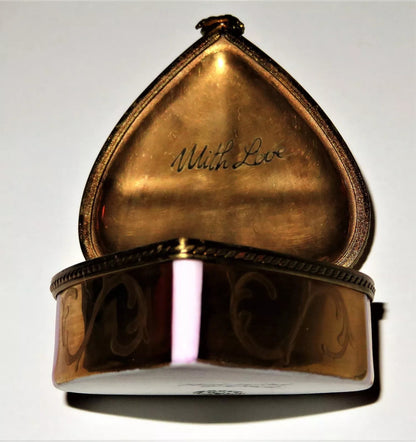 LIMOGES BOX ~ ROCHARD ~ GOLD HEART & CANDY & BOW ~ "WITH LOVE" ~ ANNIVERSARY