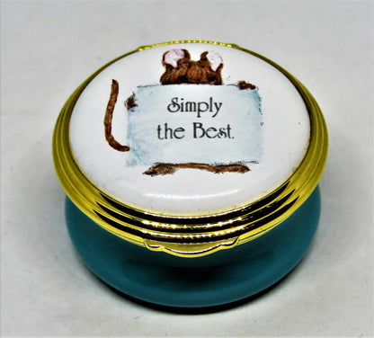 ASHLEY ENGLISH ENAMEL BOX - MOUSE & "SIMPLY THE BEST" SIGN - MIB