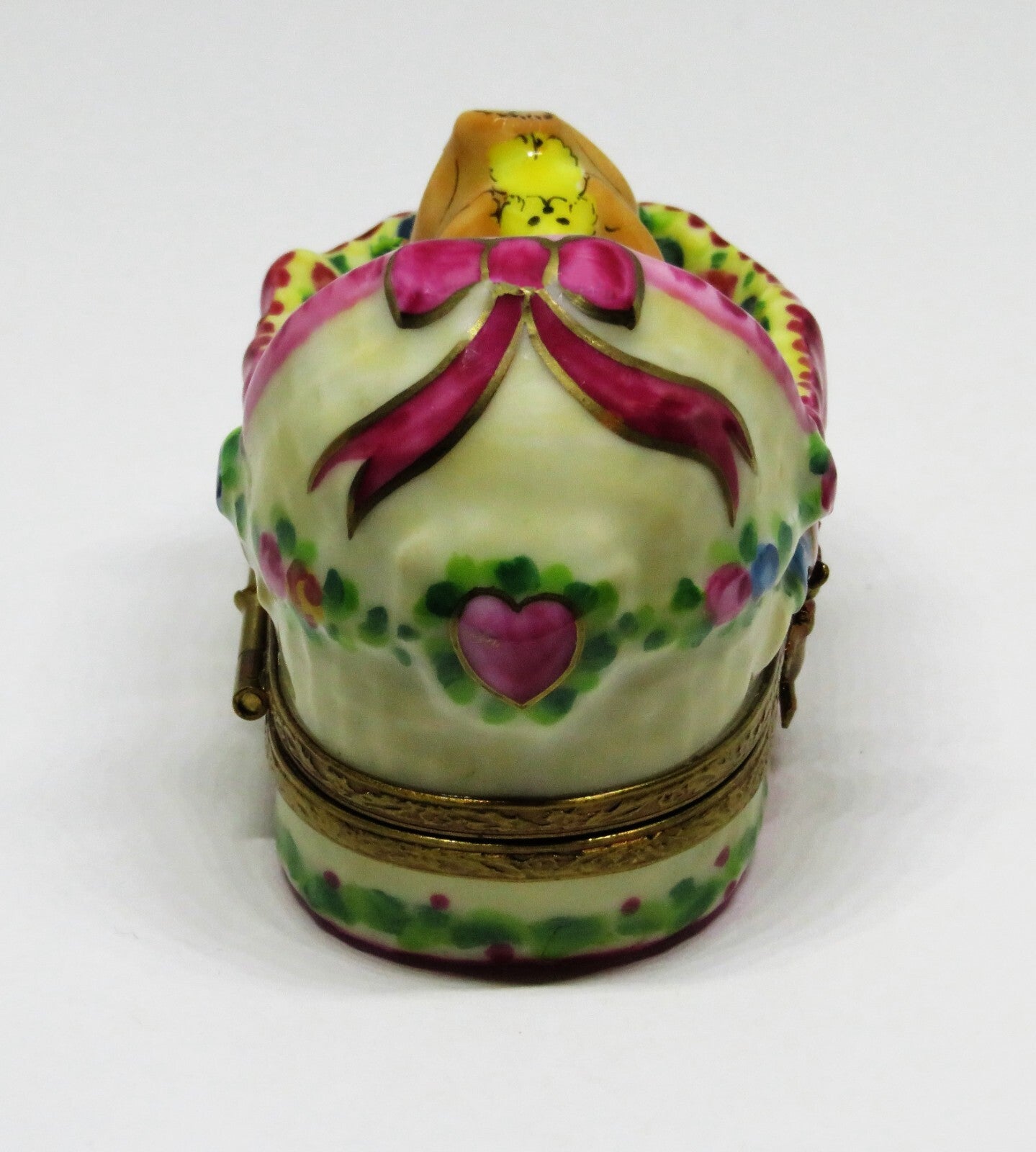 LIMOGES FRANCE BOX - ROCHARD - BABY GIRL IN A BASKET - ROSES & BOW & HEART - BIB