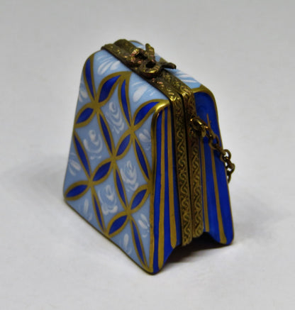 LIMOGES FRANCE BOX - PARRY-VIEILLE - TWO TONE BLUE PURSE & CHAIN - WHITE ROSES