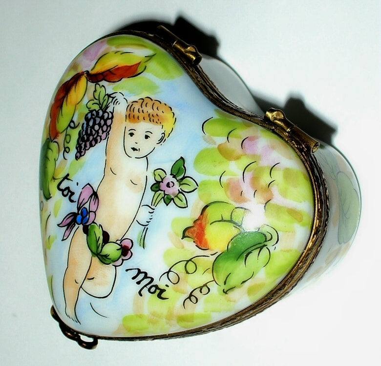LIMOGES BOX - CUPID HEART - FLOWERS & GRAPES - "YOU & ME" - LOVE - ANNIVERSARY