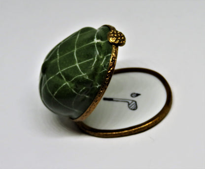 LIMOGES FRANCE BOX~ GREEN PLAID GOLFER'S  CAP ~HAT~ GOLF BALL CLASP ~ PEINT MAIN