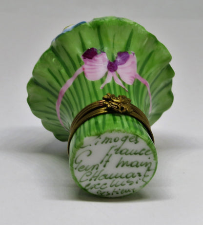 LIMOGES FRANCE BOX~ CHAMART ~ BOUQUET OF FLOWERS ~PINK RIBBON & BOW~ ANNIVERSARY