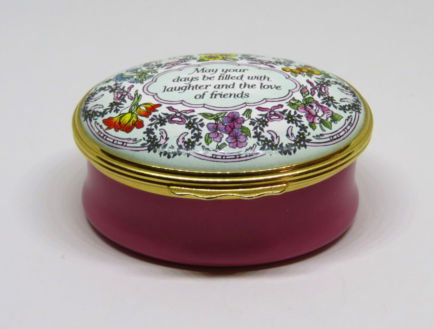HALCYON DAYS ENGLISH ENAMEL BOX - "LAUGHTER AND THE LOVE OF FRIENDS" - FLOWERS
