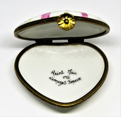 LIMOGES FRANCE BOX ~ HEART & ROSES & RIBBONS ~ FLOWER BOUQUET ~ ANNIVERSARY