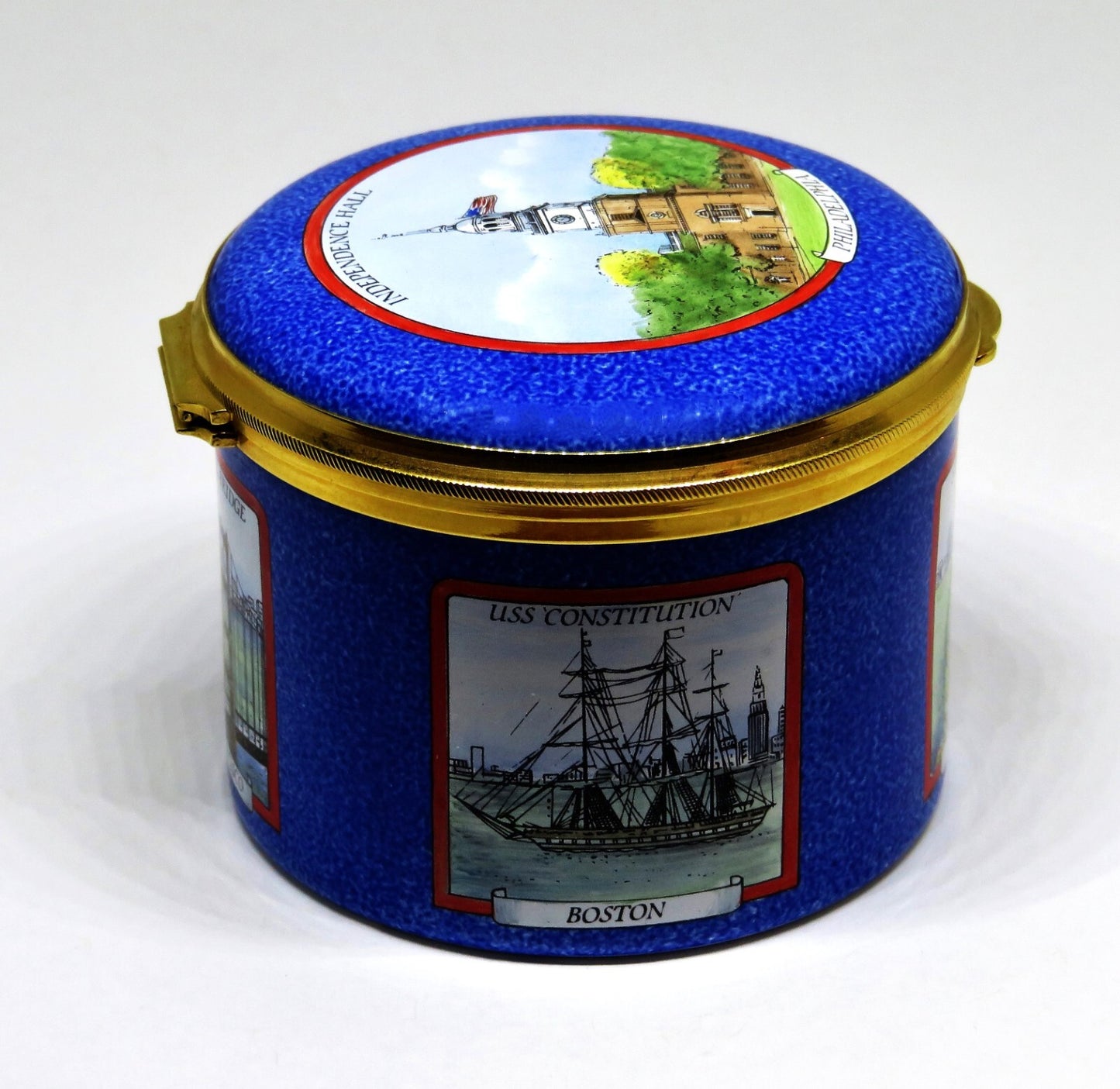 STAFFORDSHIRE ENGLISH ENAMEL BOX - U. S. LANDMARKS - STATUE OF LIBERTY - CAPITOL