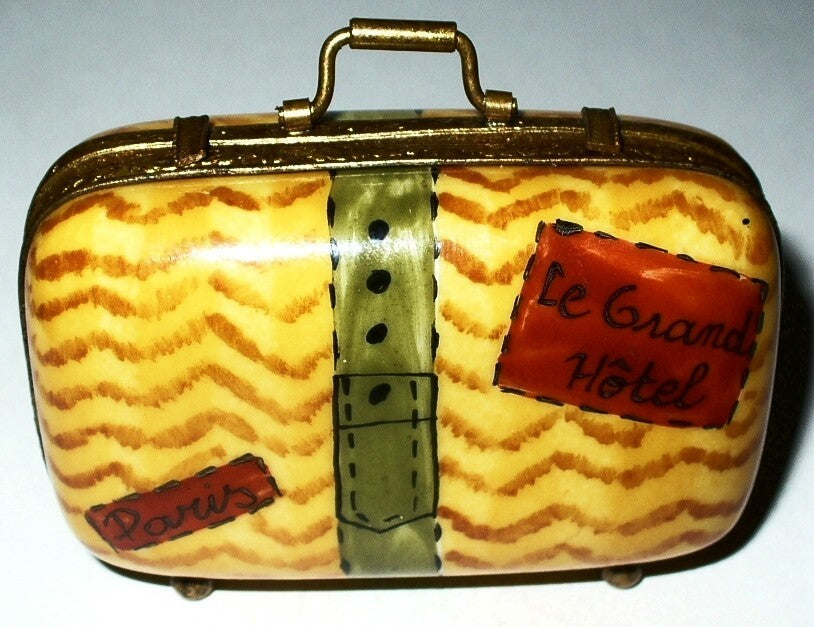 LIMOGES FRANCE BOX - "LE GRAND HOTEL" SUITCASE & TRAVEL STICKERS - PARIS - LE