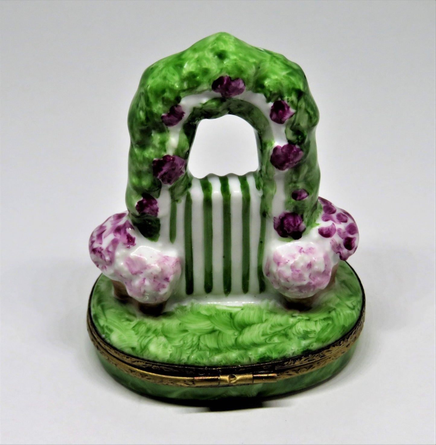 LIMOGES FRANCE BOX - EASTER BUNNY & ARBOR OF PINK FLOWERS & GARDEN GATE - RABBIT