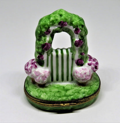 LIMOGES FRANCE BOX - EASTER BUNNY & ARBOR OF PINK FLOWERS & GARDEN GATE - RABBIT