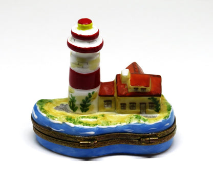 LIMOGES FRANCE BOX - LIGHTHOUSE & ISLAND - STARFISH CLASP - BIRDS & SUN INSIDE