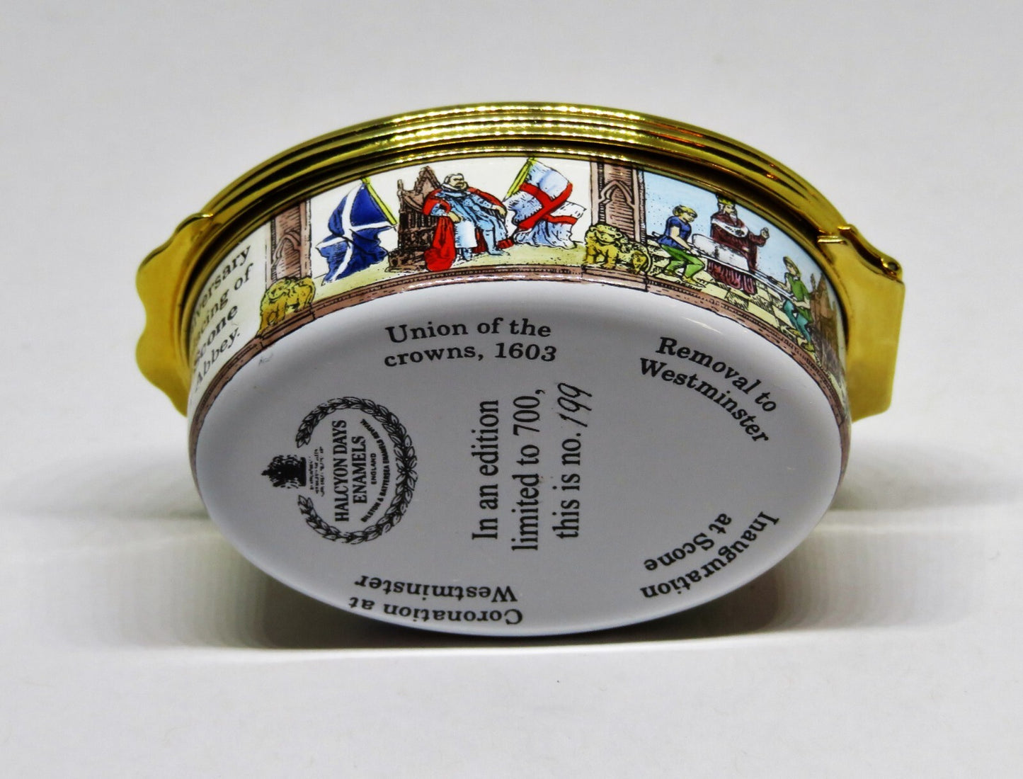 HALCYON DAYS ENGLISH ENAMEL BOX- THE STONE OF SCONE - BRITISH ROYALTY - SCOTLAND
