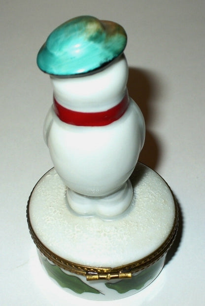 LIMOGES FRANCE BOX- ROCHARD - CHRISTMAS -SNOWMAN & SCARF & HAT & UMBRELLA- HOLLY