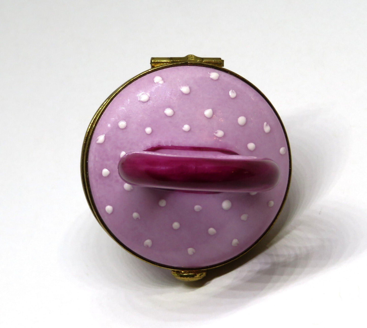 LIMOGES BOX~ PIERRE ARQUIE ~ PINK & BURGUNDY BABY PACIFIER ~ WHITE DOTS ~ 26/750