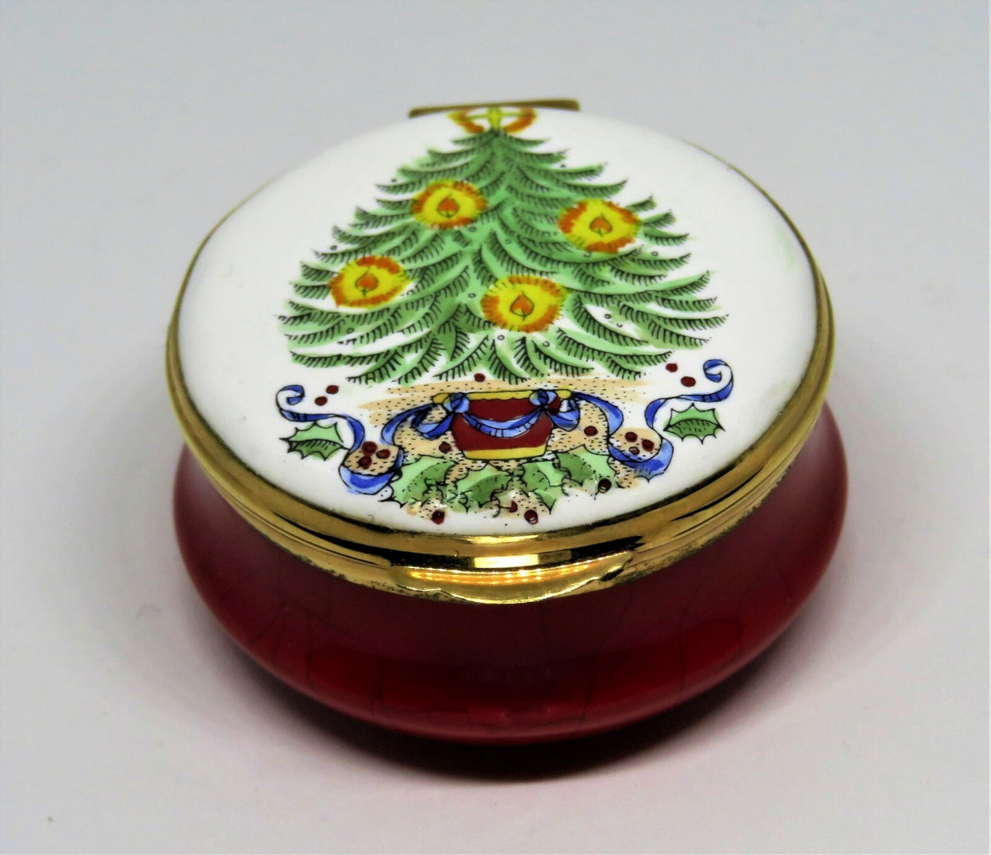 CRUMMLES ENAMEL BOX - HARRODS CHRISTMAS 1979 - TREE & CANDLES - HOLLY & RIBBONS