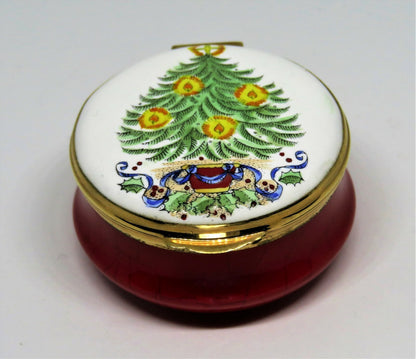 CRUMMLES ENAMEL BOX - HARRODS CHRISTMAS 1979 - TREE & CANDLES - HOLLY & RIBBONS