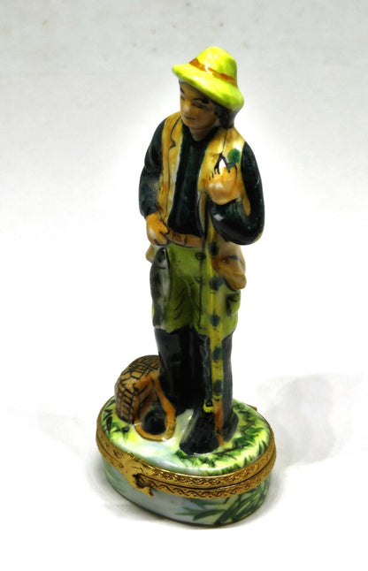 LIMOGES FRANCE BOX ~ FISHERMAN ~ ROD & CREEL & FISH ~ PEINT MAIN - PEINT MAIN