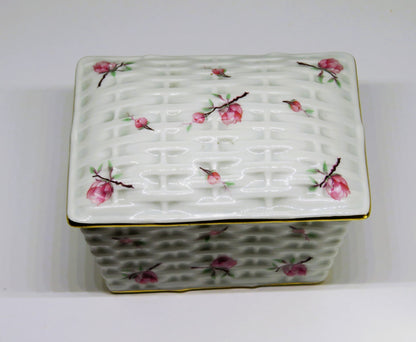 LIMOGES FRANCE TWO PIECE BOX ~ 'WOVEN WICKER' WITH PINK FLOWERS & BUDS