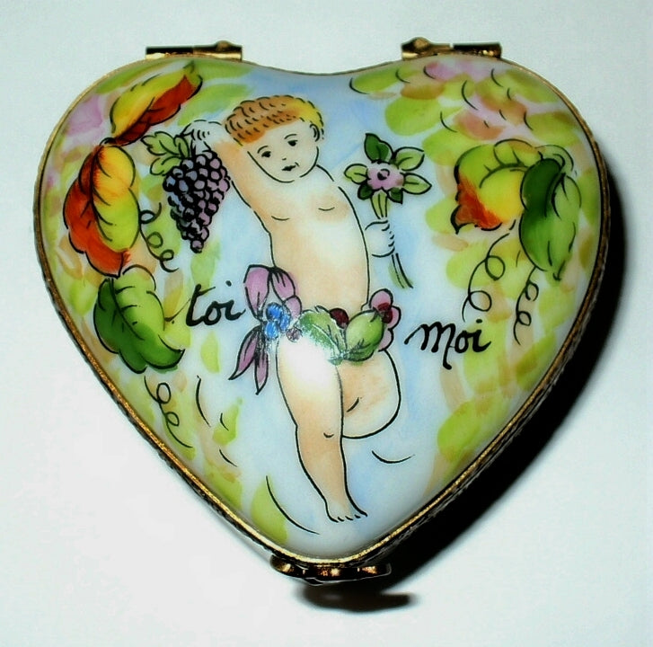 LIMOGES BOX - CUPID HEART - FLOWERS & GRAPES - "YOU & ME" - LOVE - ANNIVERSARY