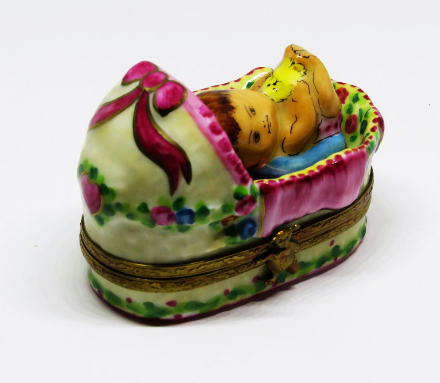 LIMOGES FRANCE BOX - ROCHARD - BABY GIRL IN A BASKET - ROSES & BOW & HEART - BIB