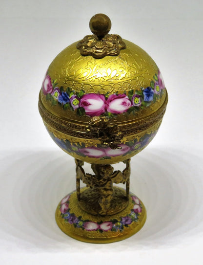 LIMOGES BOX - VINTAGE GOLD INCRUSTATION GLOBE & ANGEL STAND - FLOWERS - ROSES