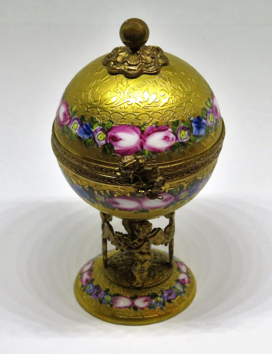 LIMOGES BOX - VINTAGE GOLD INCRUSTATION GLOBE & ANGEL STAND - FLOWERS - ROSES