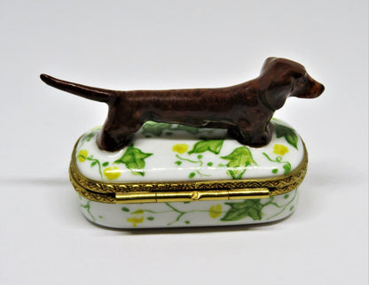 LIMOGES FRANCE - BROWN DACHSHUND DOG & PIN SHAPED BOX - LEAVES & FLOWERS - PUPPY